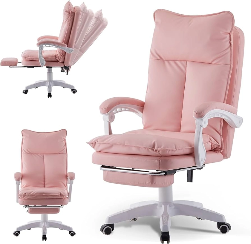 LEMROE Computer Desk Chair with Footrest and Ergonomic Adjustable Lumbar Support Double-Layer High Back Faux Leather Executive Chairs Heavy Duty for Home Office (Pink)