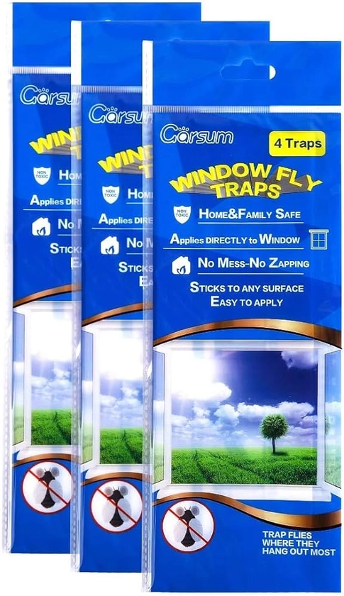 Amazon.com : Garsum Window Fly Traps Indoor, Fly Paper Bug Sticky Strips, House Fly Killer Window Decal Non-Toxic,4 Piece per Pack Total 12 Pices : Patio, Lawn & Garden
