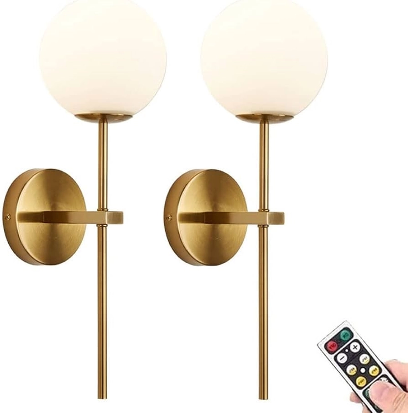 KEFA Gold Battery Operated Wall Sconces Set of 2, Modern Globe Glass Shade, not Hardwired Brass Fixture Lighting, Battery Powered Dimmable Wall Lights, Not Wire, for Bedroom, Living room, Lounge, Bath