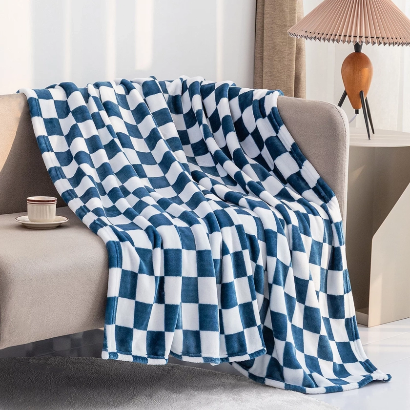 LOMAO Buffalo Check Fleece Throw Blanket Soft Checkered Plaid Blankets Cozy Lightweight Flannel Blanket for Couch Chair Bed(Navy,51"x63")