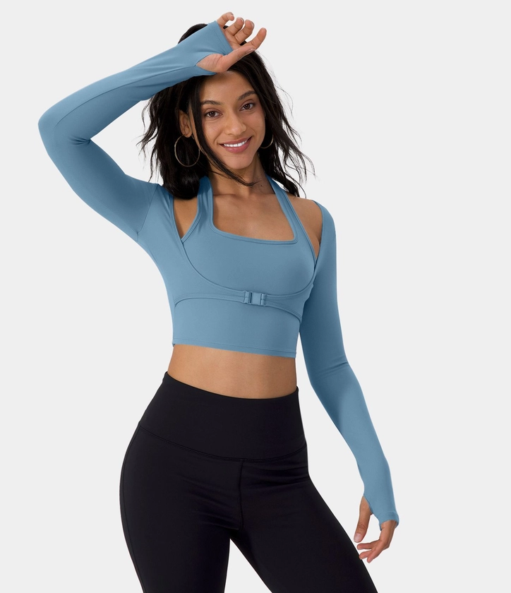 Women’s Softlyzero™ Plush Halter Thumb Hole Long Sleeve Cropped 2-in-1 Yoga Sports Top - Halara 