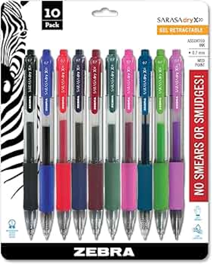 Zebra Pen Sarasa Retractable Gel Pen, Medium Point, 0.7mm, Assorted Fashion Color Ink, 10-Pack