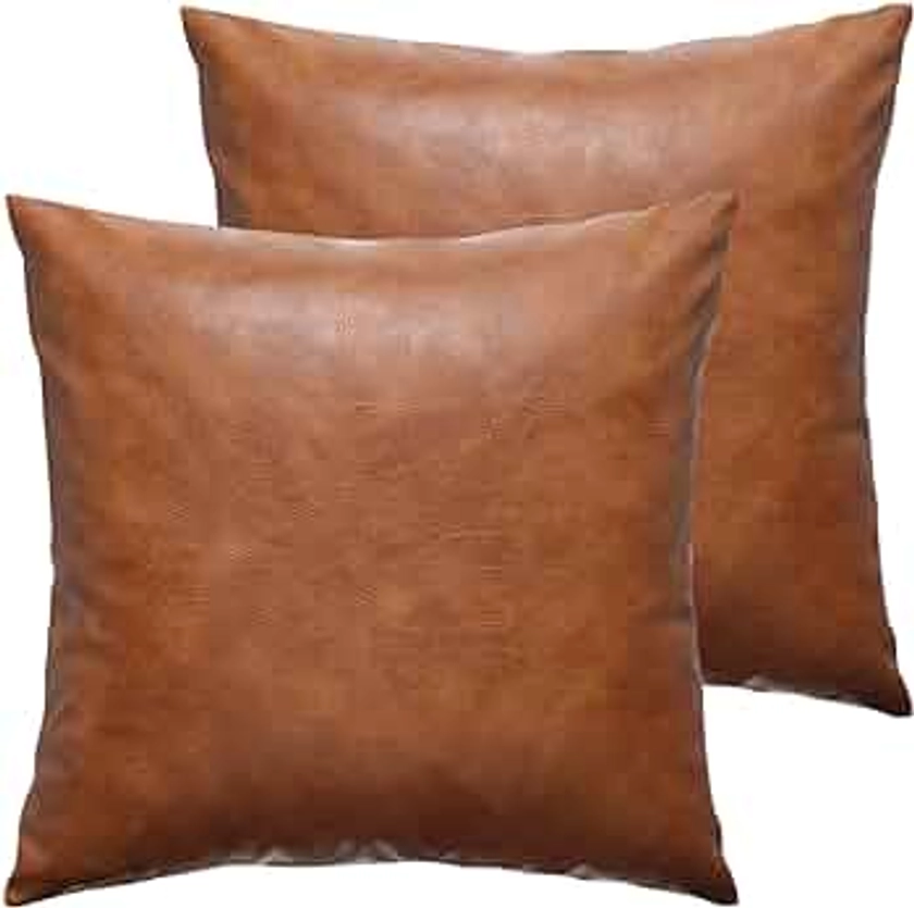 GEGELICA Faux Leather Throw Pillow Covers 18X18 Inch Set of 2 Brown Outdoor Modern Farmhouse Solid Decorative Pillow Covers for Room Couch Living Bedroom Bed Sofa