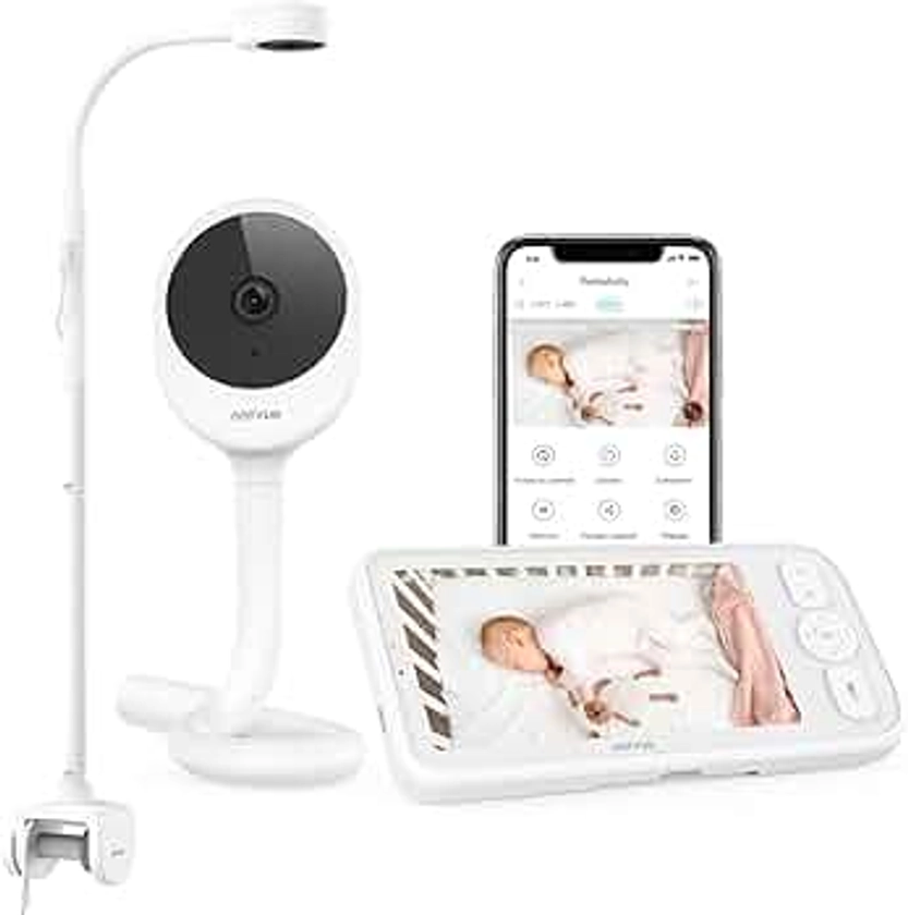 NETVUE Babyphone Caméra Intelligent avec 4 en 1 Support, 5" HD Moniteurs Bebe Écran LCD + APP Smartphone, Baby Phone Vidéo sans Fil Audio Bidirectionnel Vision Nocturne Détection des Pleurs (Blanc)