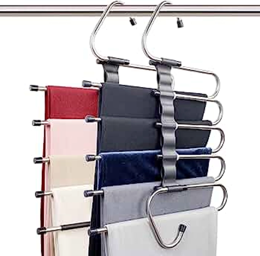Magic Pants Hangers Space Saving - 2 Pack for Closet Multiple Layers Multifunctional Uses Rack Organizer for Trousers Scarves Slack (2 Pack with 10 Metal Clips)