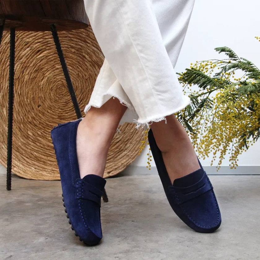 Mocassins cuir daim bleu