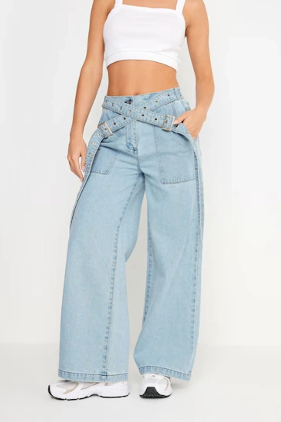 Buy PixieGirl Petite Blue Light Cross Over Belt Jeans from the Next UK online shop