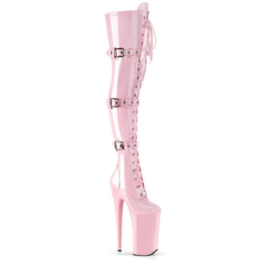 10" Heel Baby Pink Stretch Patent Thigh High Boots