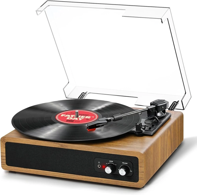 FYDEE Platine Vinyle Bluetooth Récepteur & Émetteur, Tourne-Disque Rétro à 3 Vitesses 33/45/78 TR/Min, Haut-Parleurs Stéréo Intégrés, RCA, AUX, Bois Naturel