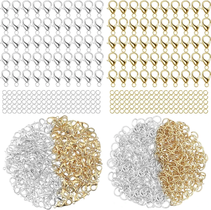 600 Pieces Lobster Clasps and Open Jump Rings Set Lobster Claw Clasps for Jewelry Making and Bracelets (Gold, Silver)