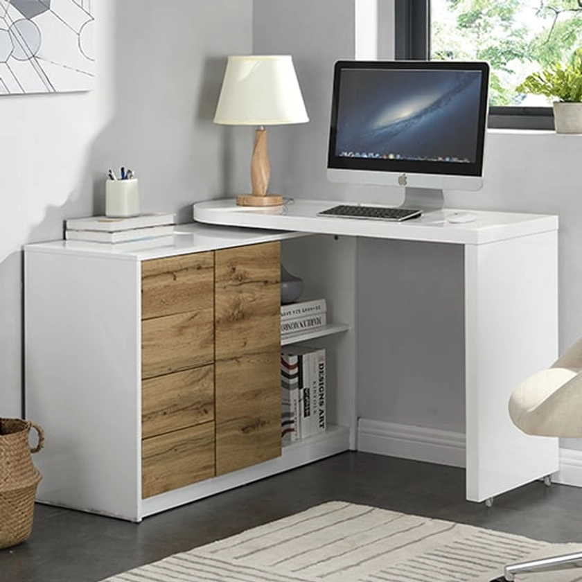 Mantua Wooden Swivelling Computer Desk In White And Oak | Furniture in Fashion