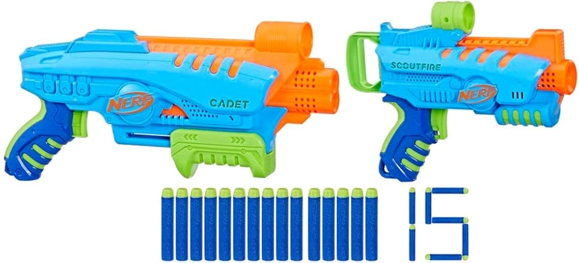 Nerf Elite Jr - Set Ultimate Starter, 2 blaster in gommapiuma facili da usare, 15 dardi Nerf Elite, 2 bersagli, per giochi all'aperto