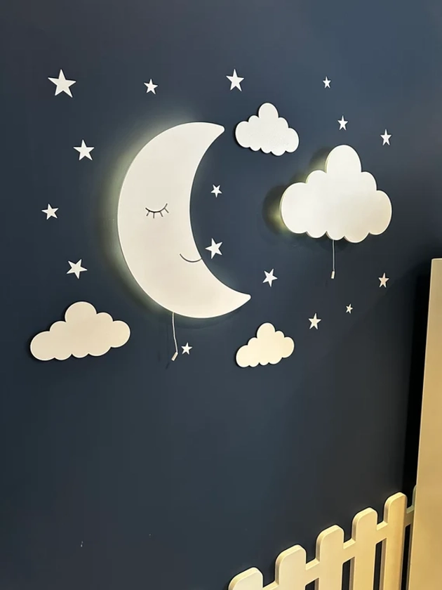 Lumière nuageuse, veilleuse pour bébé, lampe lune, décoration murale pour chambre de bébé, clair de lune, cadeau enfant, déco chambre d'enfant fille, cadeau personnalisé, applique murale lune