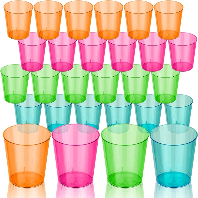 DecorRack 2 Oz Neon Shot Glasses, Plastic Shot Cup, Disposable Party Cups, Mini Cups Shot Glasses (24 Pack)
