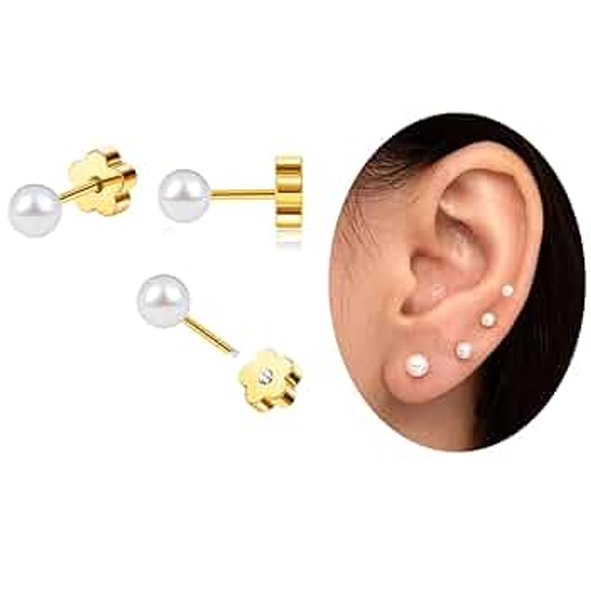 Flat Back Pearl Stud Earrings for Women Girls Stainless Steel Small Pearl Cartilage Earrings Hypoallergenic Pearl Screw Back Earrings for Sensitive Skin Helix Piercing Jewelry Gold 5mm