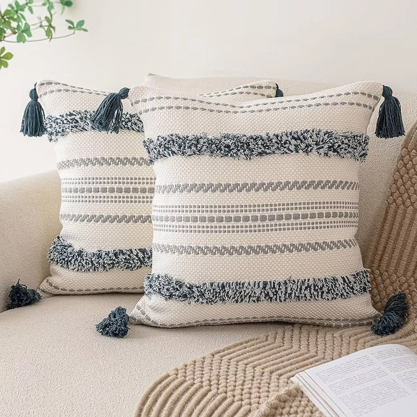 Amazon.com: BUIOVBEY Boho Throw Pillow Covers 20x20 Set of 2 Woven Tufted Farmhouse Pillows Cover with Tassels Textured Striped Cushion Case Neutral Pillow Cases Decorative Pillowcase for Sofa, Bed, Dark Blue : Home & Kitchen