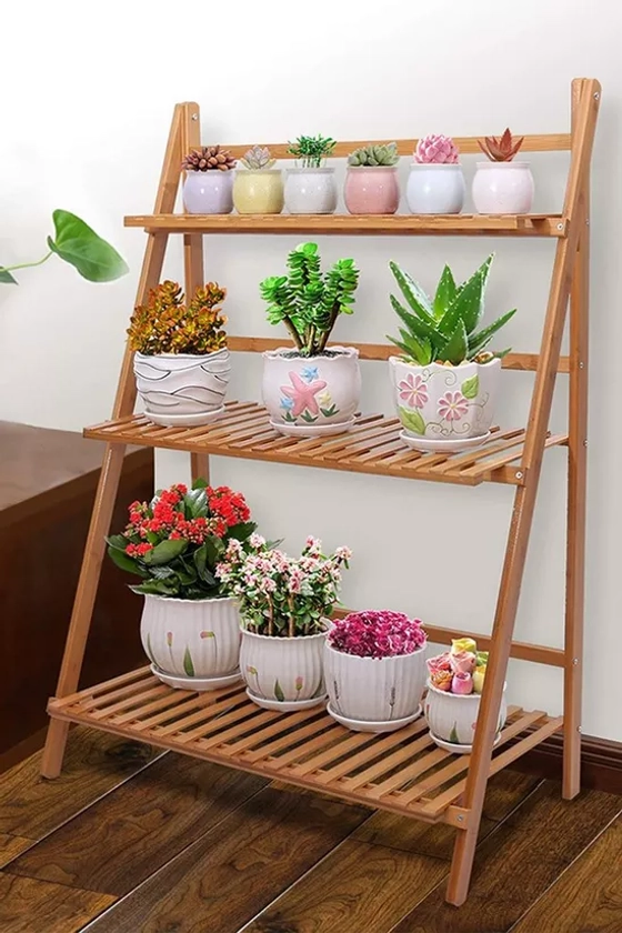 Shelves & Bookcases | 3-Tier Foldable Wooden Ladder Shelf Natural | Living and Home