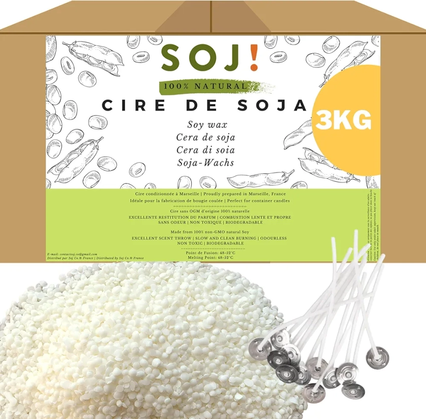 Soj - Cire de Soja végétale SANS OGM 100% Naturelle, 1KG/2KG/3KG/20KG, E-BOOK+30 MÈCHES OFFERTES! Fabrication de bougies coulées, Cire pour bougie, Cire de soja pour bougie conditionnée en France 3KG