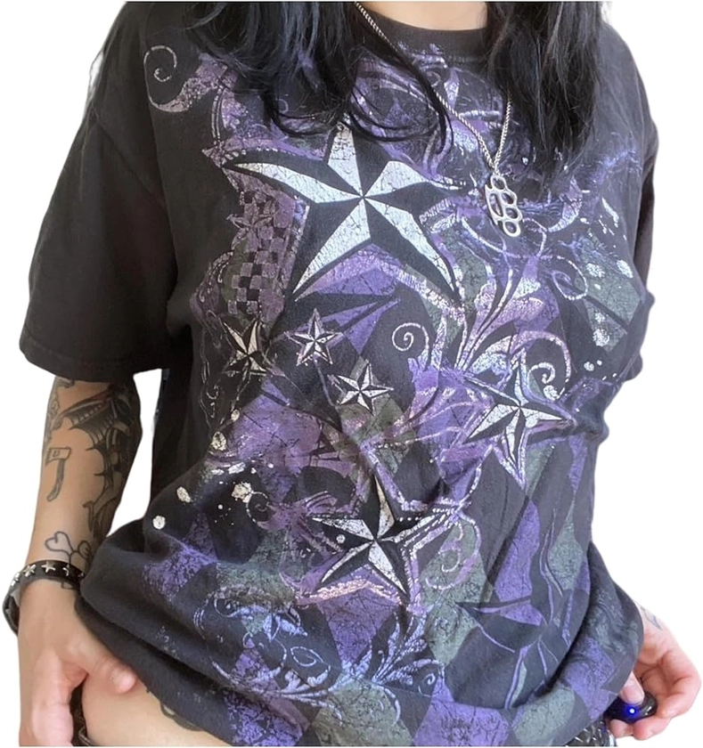 Women Y2K Grunge Short Sleeve T-Shirt E-Girl Punk Gothic Summer Graphic Tee Tops Vintage Harajuku Crop Tee Shirts (Dark Purple-1, L) at Amazon Women’s Clothing store