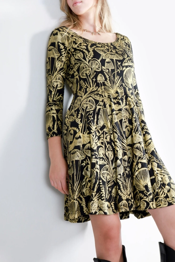 Gold on Black Shroomed Twirl Dress