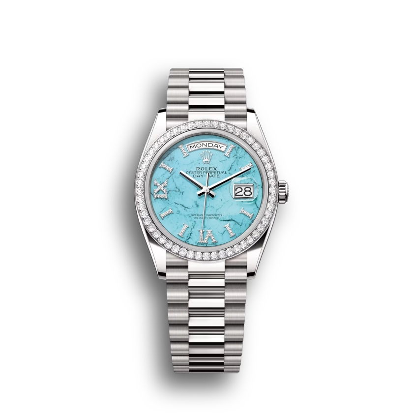 Rolex Day-Date: 36 mm, Turquoise, Diamond-set dial, Diamond-set bezel and a President bracelet, m128349rbr-0031