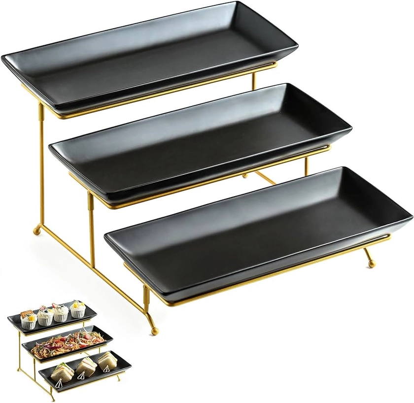 LYEOBOH 3 Tier Serving Tray Set, Tiered Serving Stand with Platters, Serving Dishes for Entertaining Thanksgiving Christmas Party, Collapsible Sturdier Stand & 14 Inch Large Platters for Food Display