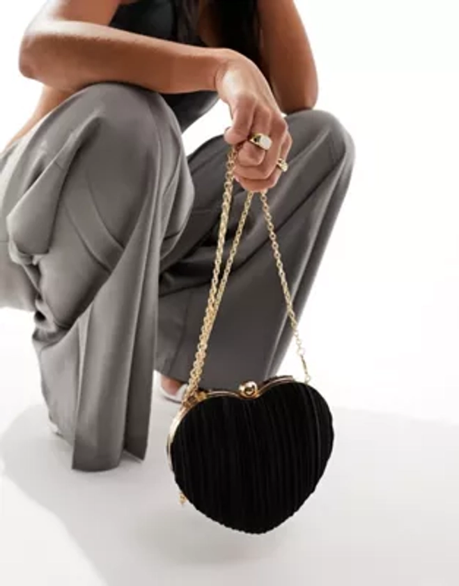 ASOS DESIGN plisse heart clutch bag with detachable chain strap in black | ASOS