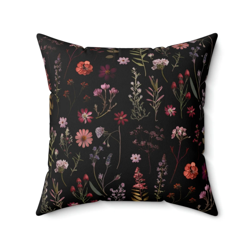 Decorative Boho Throw Pillow and Pillow Cover - Black Vintage Floral Wildflower Garden Collection