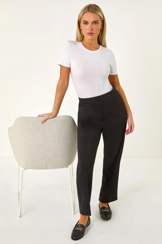 Black Petite Straight Leg Ponte Stretch Trouser | Roman UK