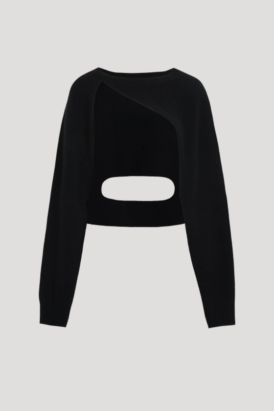 CASHMERE SIGNATURE UNBALANCE BOLERO KNIT TOP - BLACK