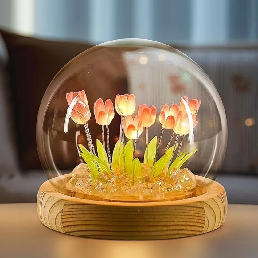 Desidiya Romantic Tulip Night Light – Elegant LED Ball Lamp with Wooden Base, USB Powered for Home Decor, Soft Pink Glow, Ideal Gift for Loved Ones, 9 DIY Tulip Flowers : Amazon.in