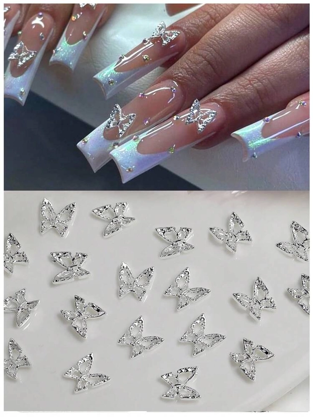 20pcs 3d Butterfly Shaped Nail Art Jewelry, Silver Color Nail Charm Rhinestones,Diy Nail Decoration Supplies Nail Charms Nail Gems