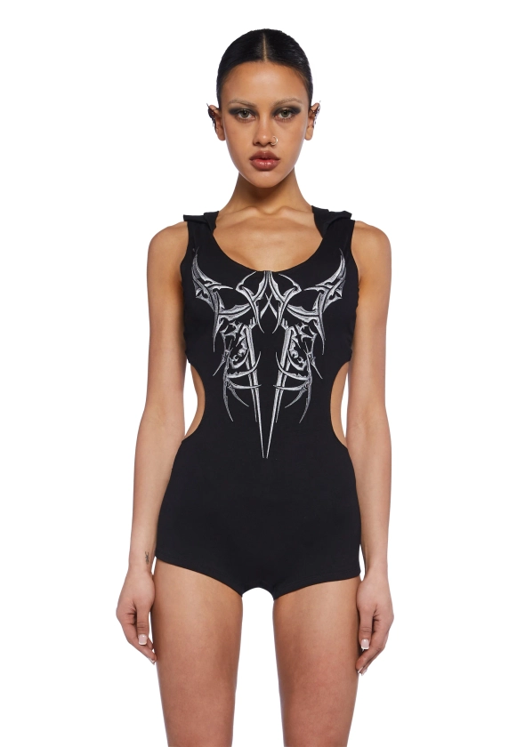 Club Exx Stretchy Hooded Open Back Embroidered Romper - Black