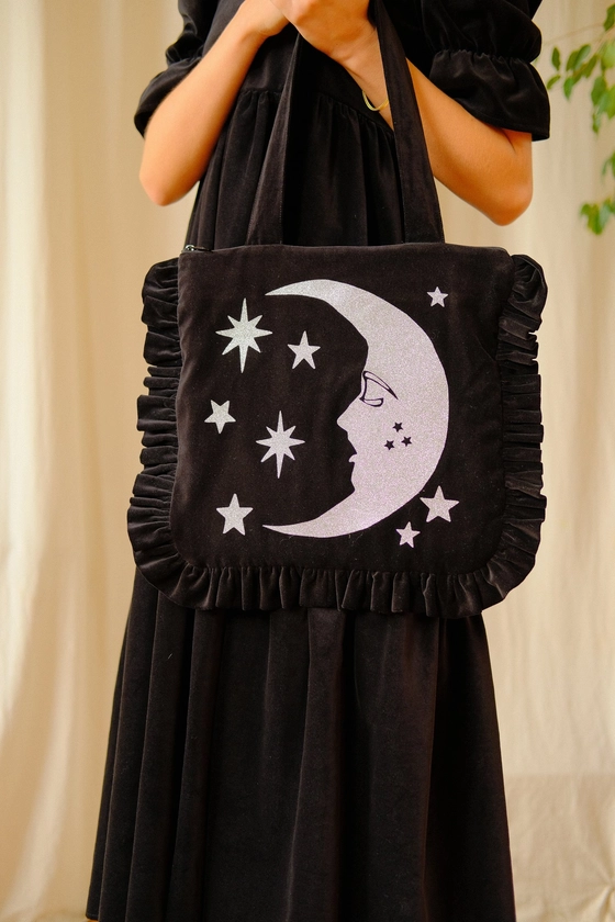 Luna Black Velvet Bag in Silver | Mary Benson