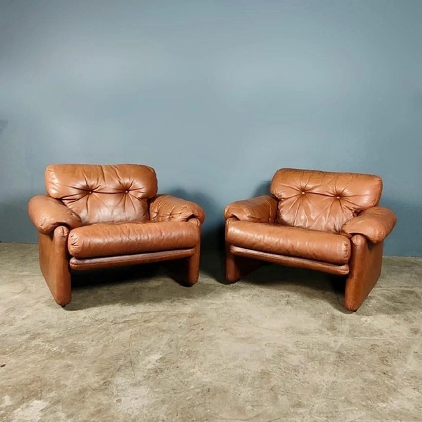 Pair Of Lounge Coronado Chairs By Tobia & Afra Scarpa For B&B Italia Tan Brown Leather Mid Century | Vinterior