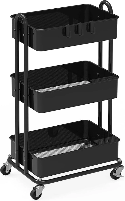 SimpleHouseware 3 Tier Trolley, Metal Utility Cart, Black