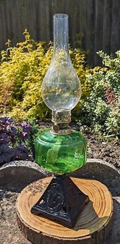 Antique Oil Lamp. Green Glass Font. Single Burner. Cast Iron Arts & Crafts Base. | eBay