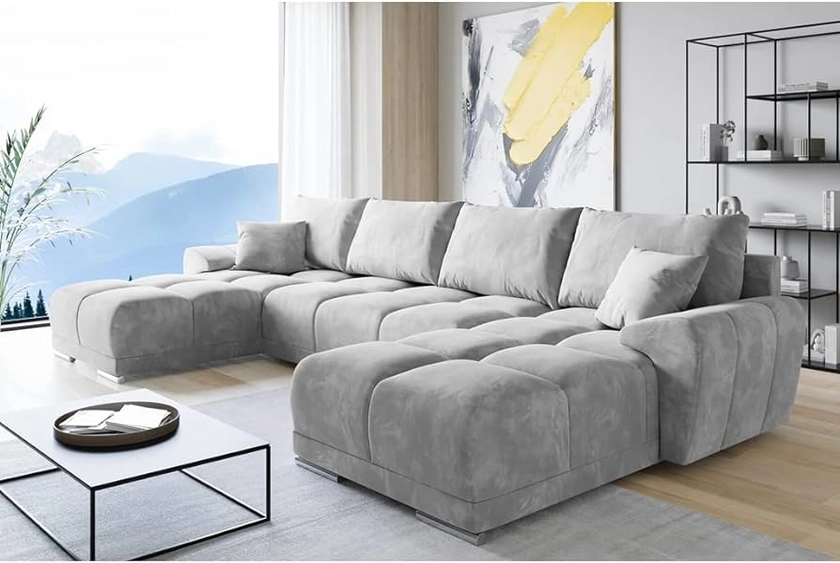 Easy Sofas and Wardrobes Velvet Corner U Shaped Sofa 365 x 85 x 189 – Storage and Pillows - Pull out Sofa Bed - Sofas for Living Room – Sofabed Sleeping Function - Color: Light grey (MO-84)