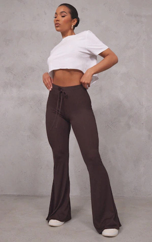 Chocolate Brown Ribbed Tie Detail Flare Leg Trousers