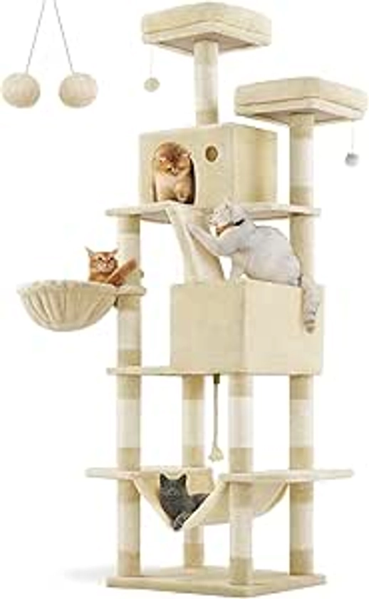 Feandrea Arbre à Chat, Hauteur 206 cm, avec 13 Griffoirs, 2 Plate-Forme, 2 Niches, Panier, Hamac, Pompon, Tissu Peluche, Multi-Niveaux pour Chat d'Intérieur, Beige PCT190M01 : Amazon.fr: Animalerie