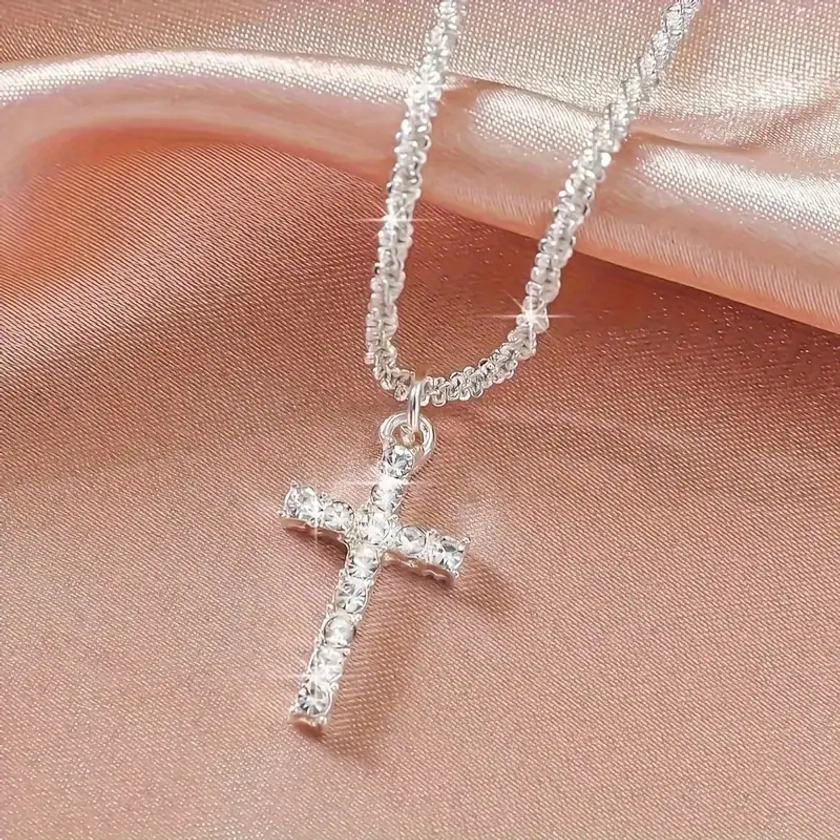 1Pc Silvery Cross Necklace, Minimalist Design Chain, Christmas, Valentine's Day, Birthday Gifts for Women