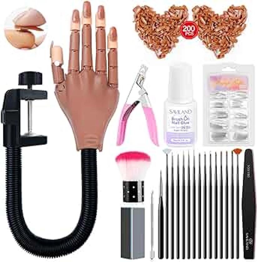 Saviland Practice Hand for Acrylic Nails, Flexible Moveable Fake Hands, Manicure Trainng Hand Nail Kit for Beginners, Movable Nail Maniquin Hand with 200PCS Nail Tips, Nail Glues, Brush and Clipper