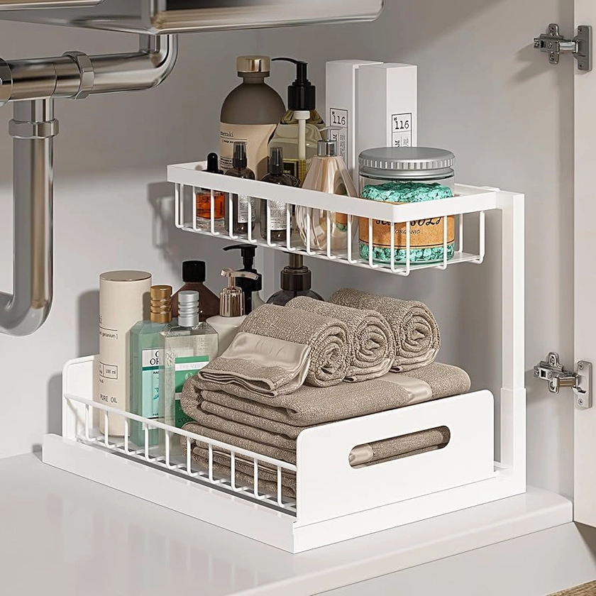 Amazon.com: REALINN Under Sink Organizer, Pull Out Cabinet Organizer 2 Tier Slide Out Sink Shelf Cabinet Storage Shelves, Under Sink Storage for Kitchen Bathroom Cabinet, White, 1 Pack: Home & Kitchen