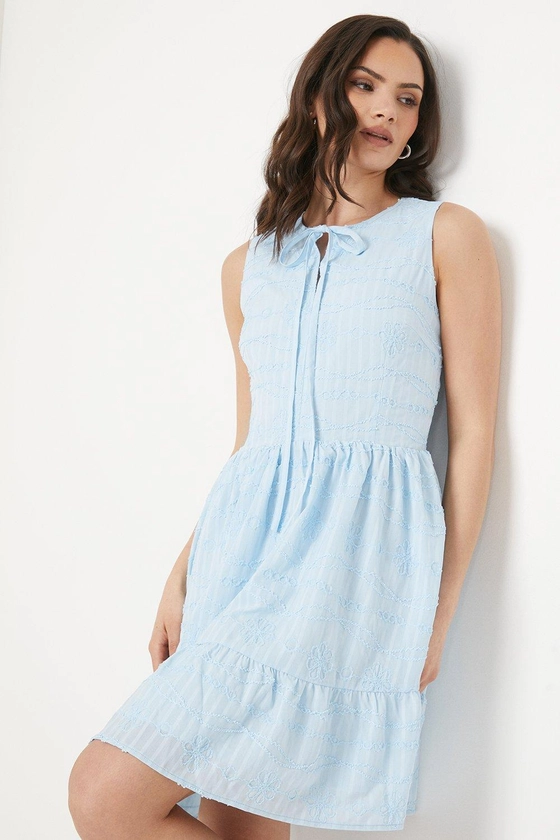 Dresses | Embroidered Cotton Tie Neckline Tiered Mini Dress | Oasis