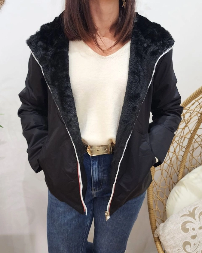 Parka femme noire réversible fausse fourrure Sora