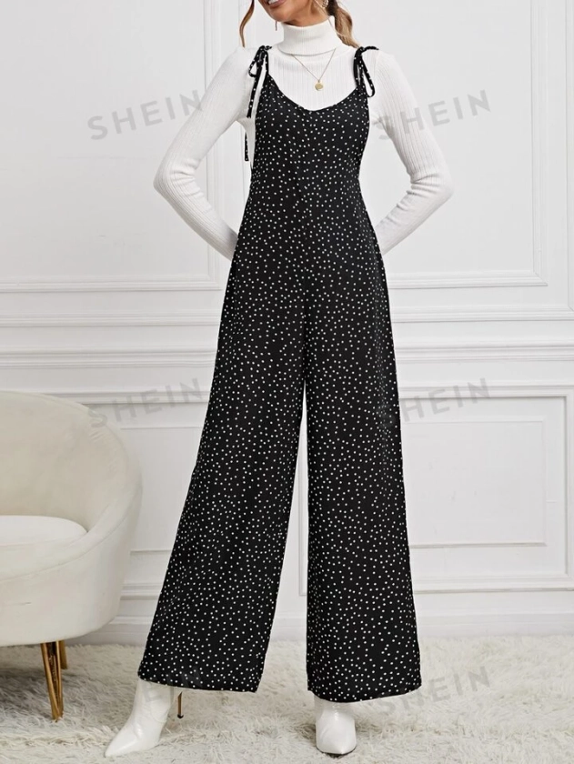 SHEIN Privé 1pc Polka Dot Tie Shoulder Wide Leg Cami Jumpsuit | SHEIN USA