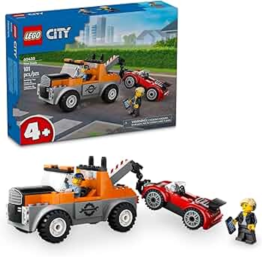 LEGO City Tow Truck and Sports Car Repair Building Set, Kids Gift Idea with 2 Minifigures and Accessories Including a Cochlear Implant, Pretend Play Tow Truck Toy for Boys & Girls Ages 4 and Up, 60435