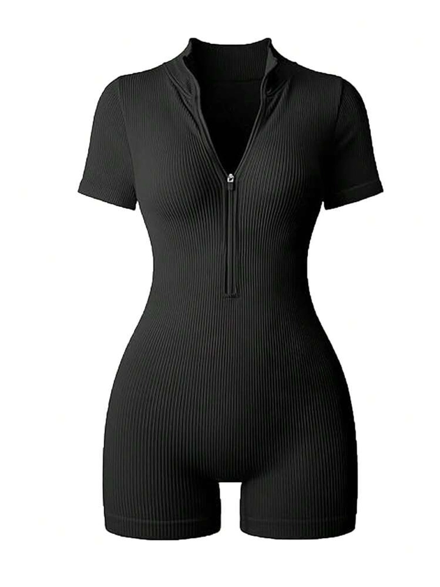 SHEIN Sport Slayoga Half Zip Ribbed Knit Sports Romper