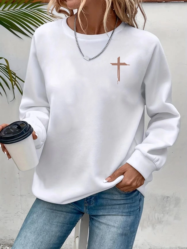 Cross Faith Print Pullover Sweatshirt Casual Long Sleeve - Temu