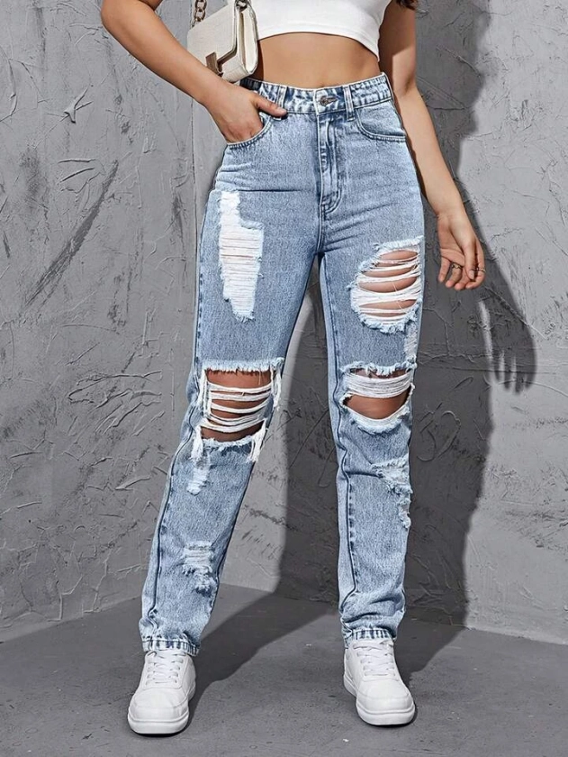 SHEIN Ripped Straight Leg Jeans
